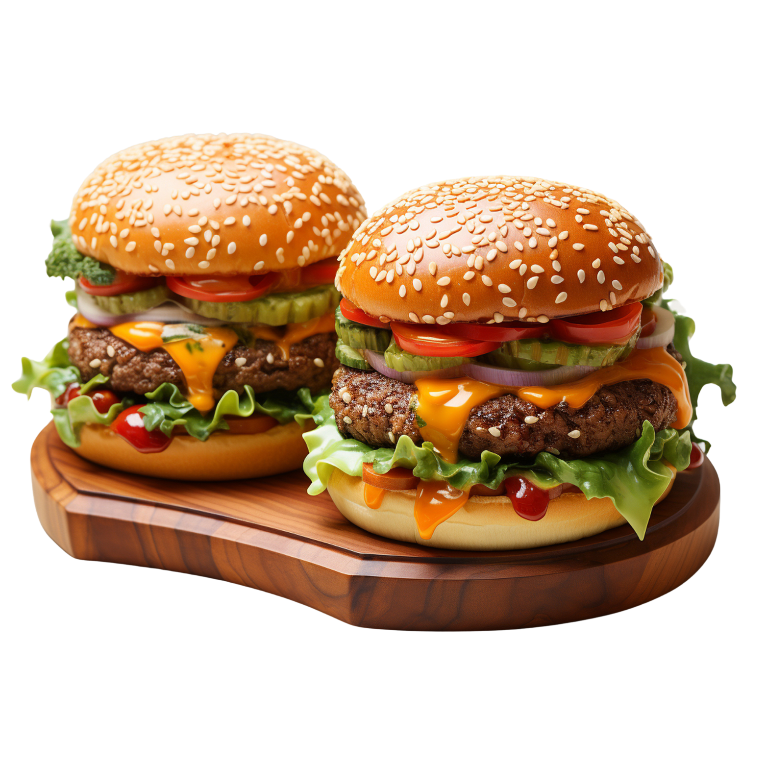 Delicious stacked cheeseburgers on wooden platter